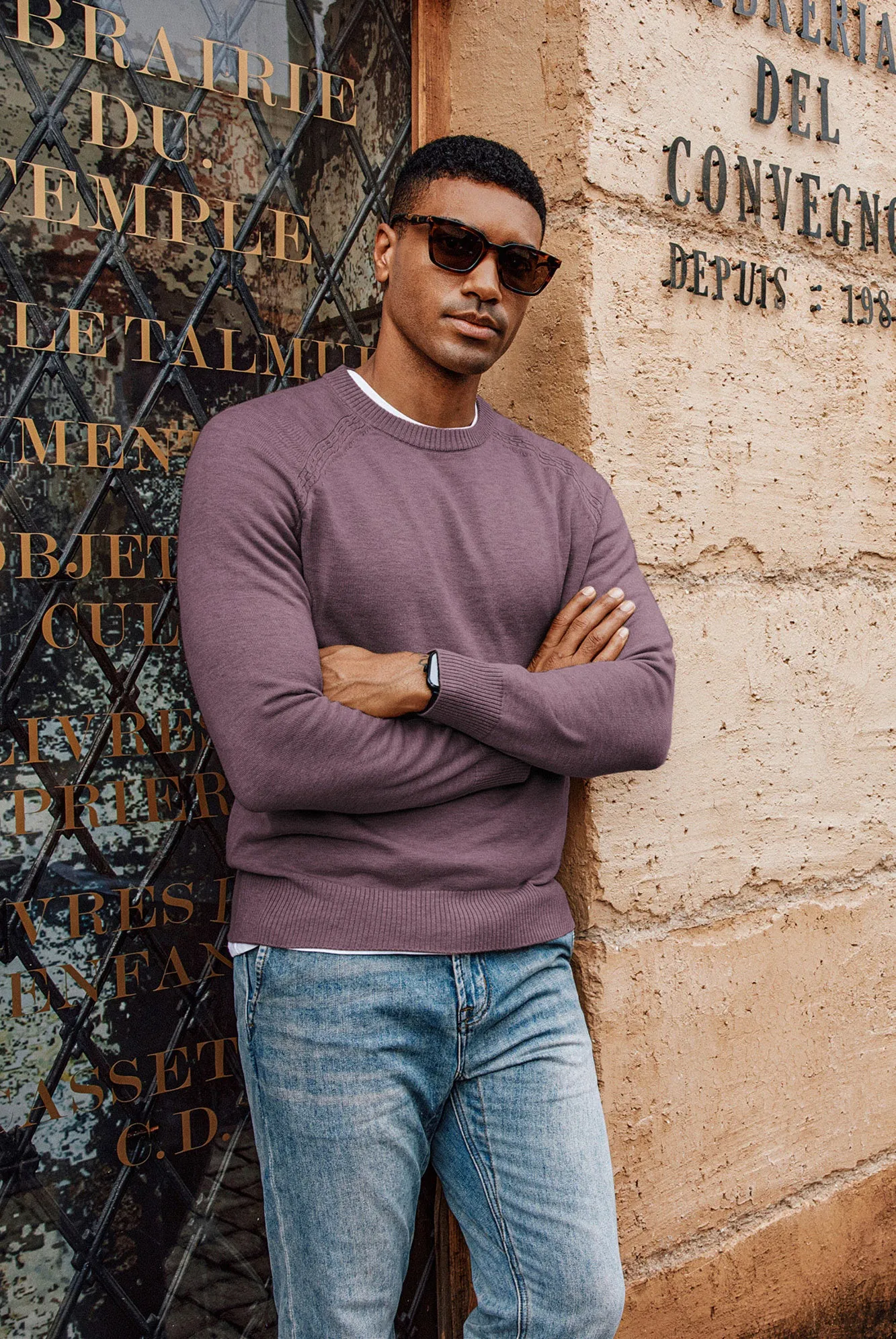 Men Stylish Sweater Long Raglan Sleeve Crew Neck Ribbed Cuff Pullover