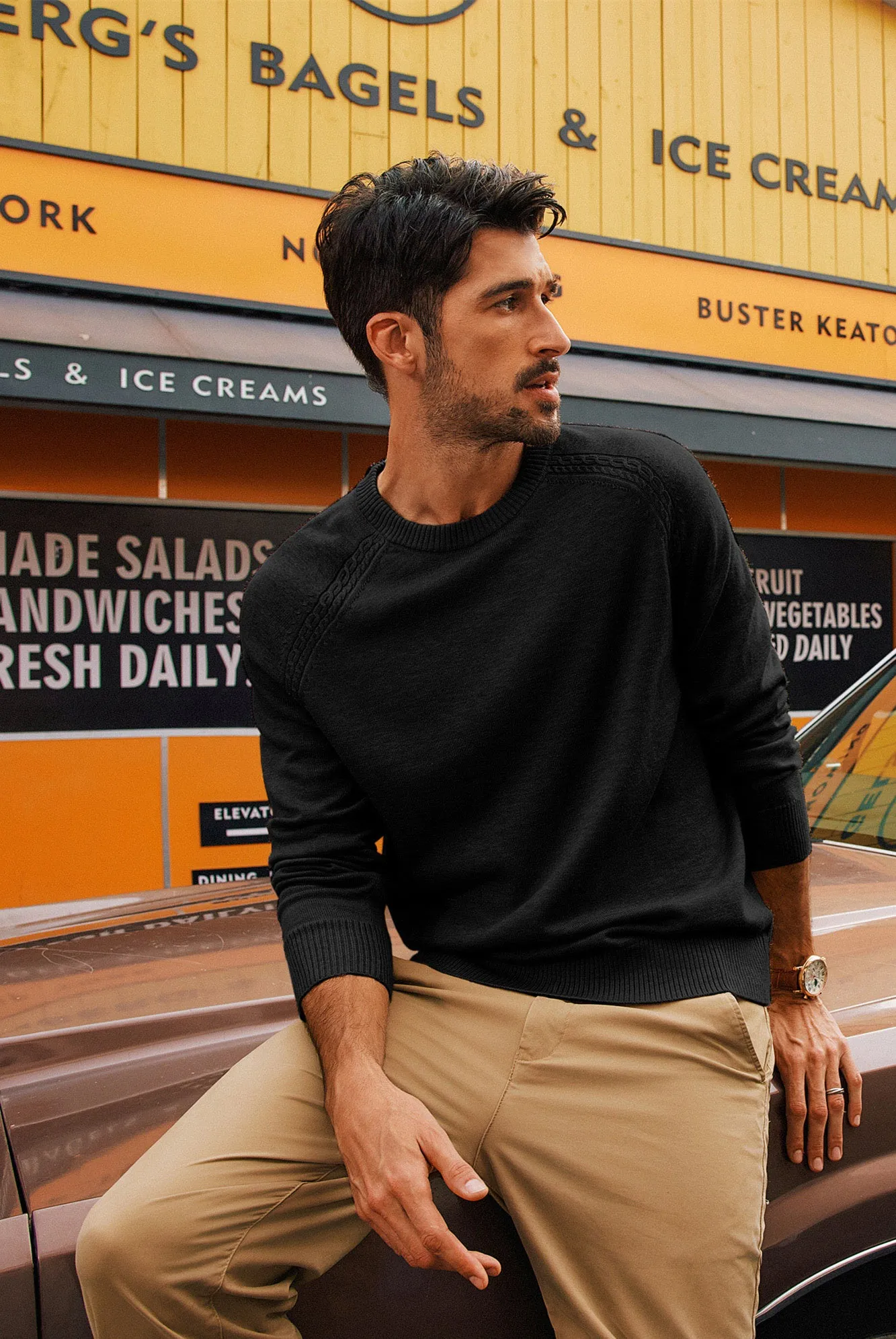 Men Stylish Sweater Long Raglan Sleeve Crew Neck Ribbed Cuff Pullover