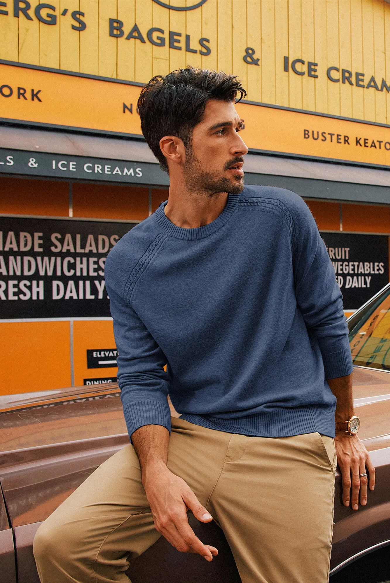 Men Stylish Sweater Long Raglan Sleeve Crew Neck Ribbed Cuff Pullover