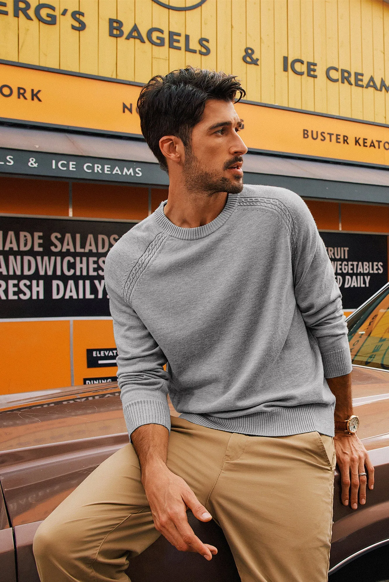 Men Stylish Sweater Long Raglan Sleeve Crew Neck Ribbed Cuff Pullover
