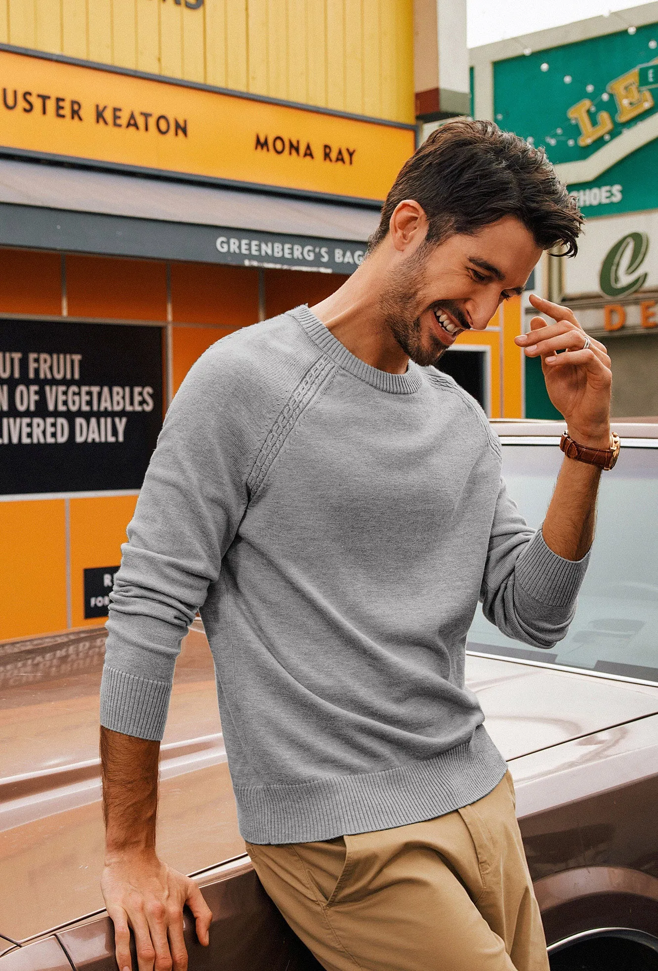 Men Stylish Sweater Long Raglan Sleeve Crew Neck Ribbed Cuff Pullover