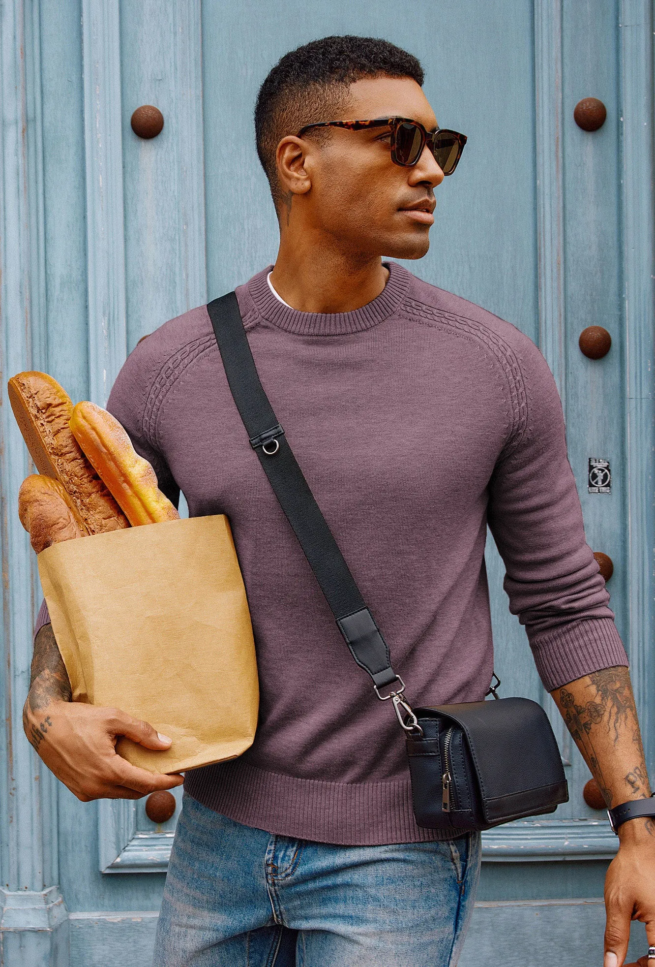 Men Stylish Sweater Long Raglan Sleeve Crew Neck Ribbed Cuff Pullover