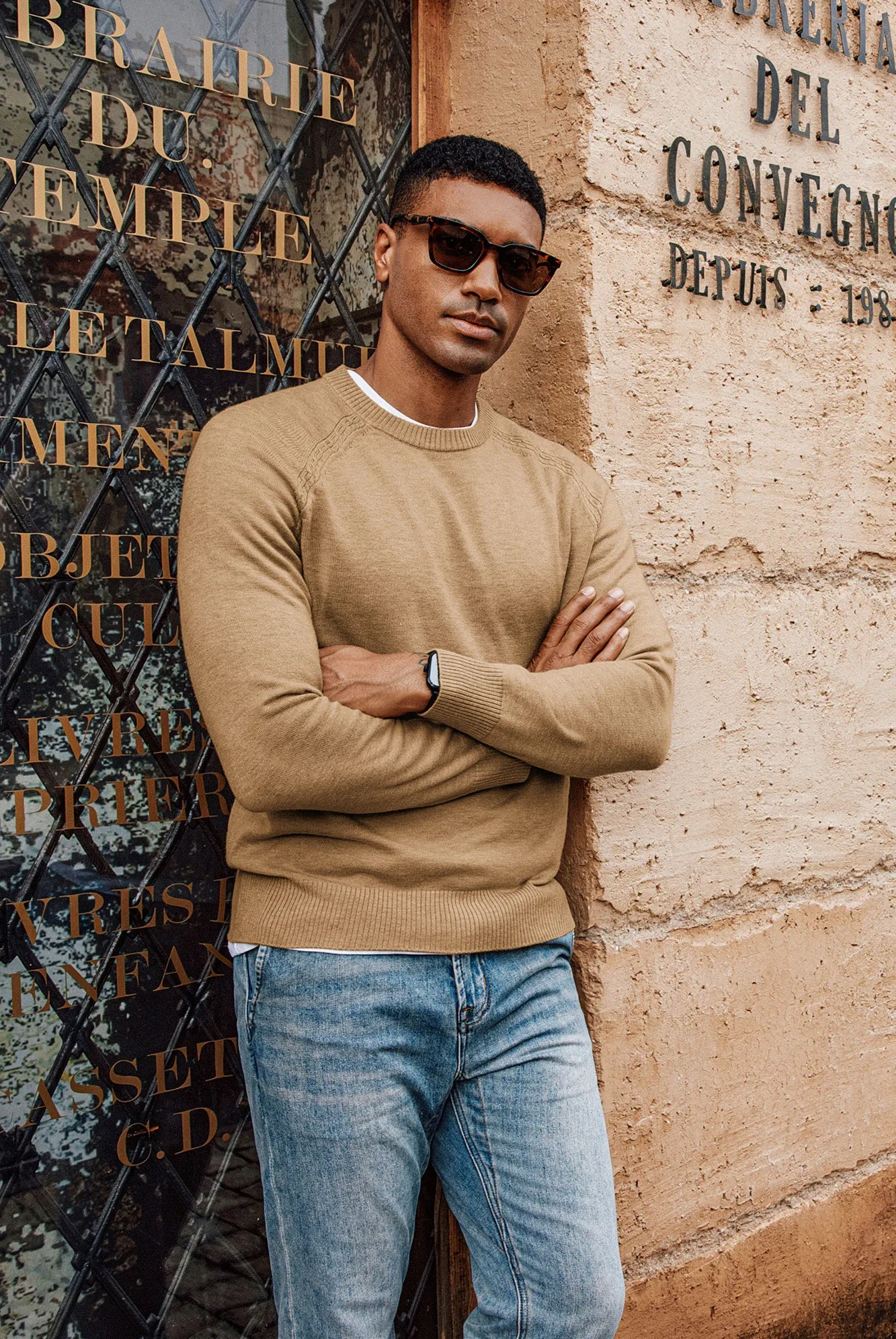 Men Stylish Sweater Long Raglan Sleeve Crew Neck Ribbed Cuff Pullover