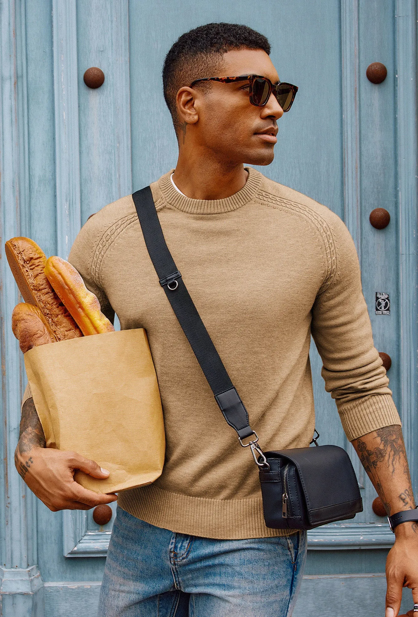 Men Stylish Sweater Long Raglan Sleeve Crew Neck Ribbed Cuff Pullover