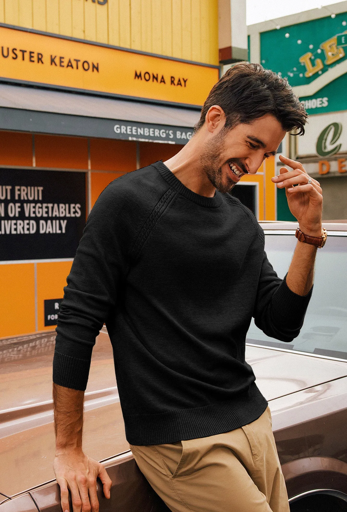 Men Stylish Sweater Long Raglan Sleeve Crew Neck Ribbed Cuff Pullover