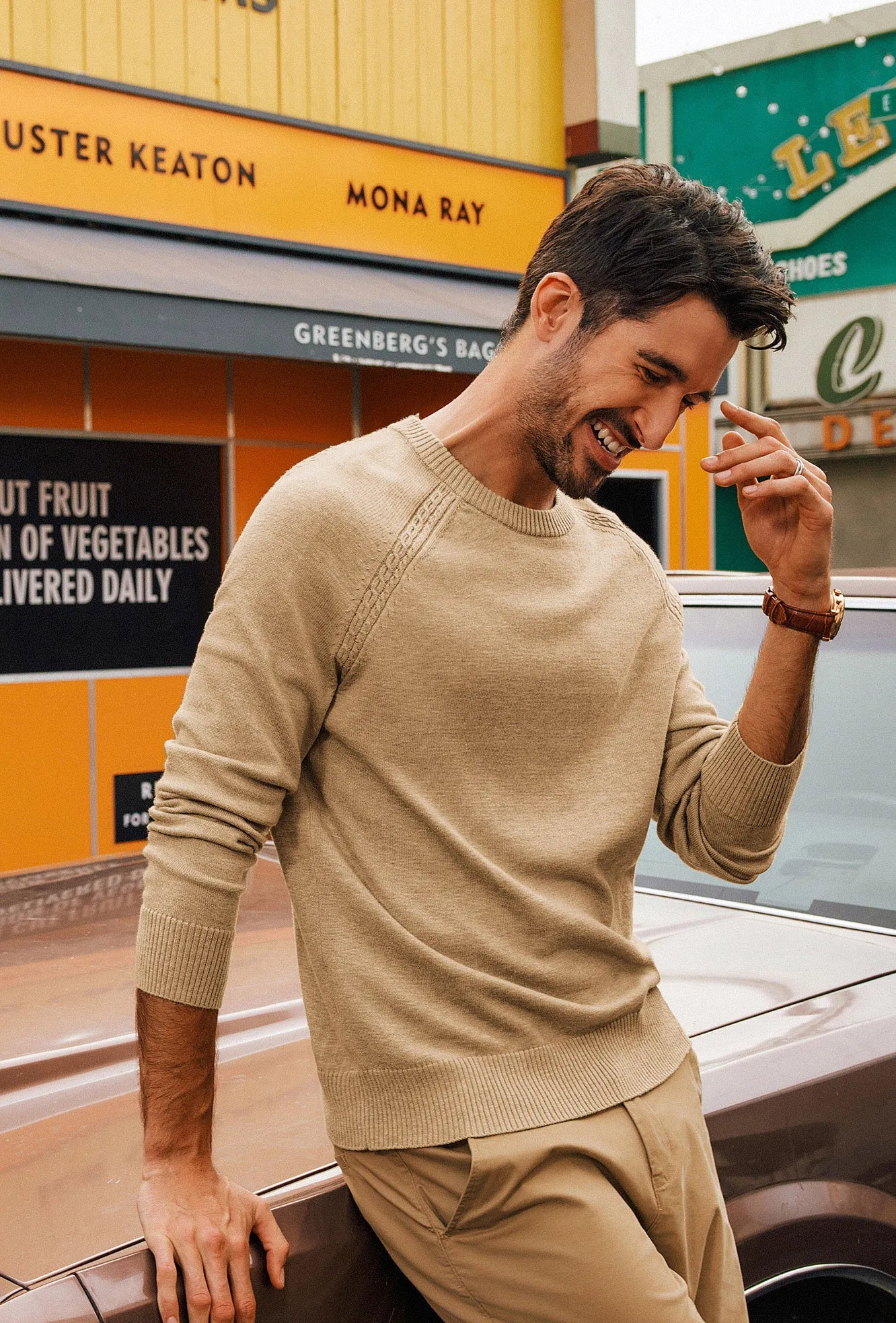 Men Stylish Sweater Long Raglan Sleeve Crew Neck Ribbed Cuff Pullover