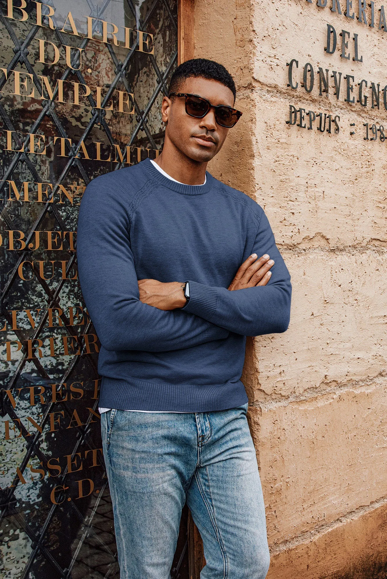 Men Stylish Sweater Long Raglan Sleeve Crew Neck Ribbed Cuff Pullover