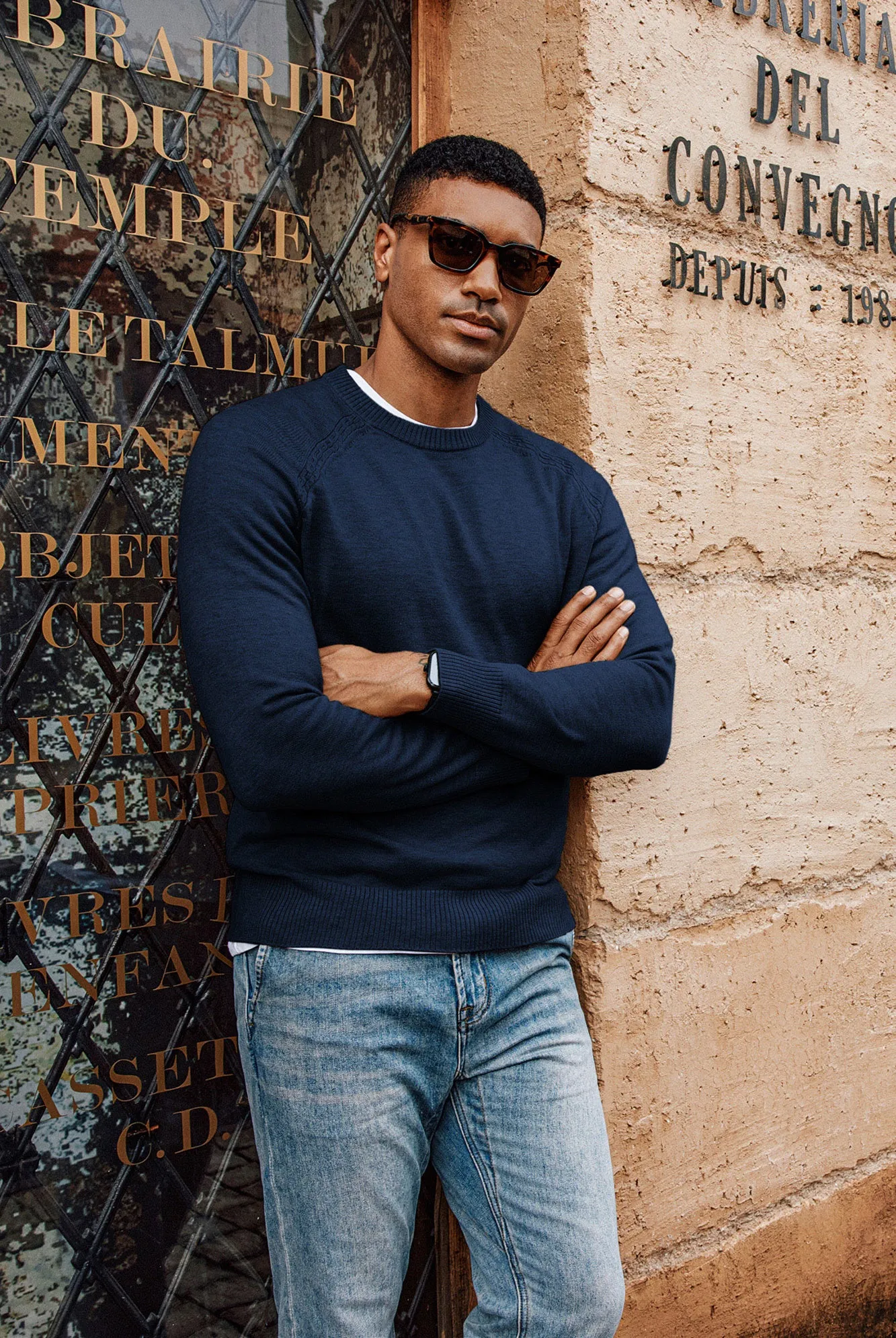 Men Stylish Sweater Long Raglan Sleeve Crew Neck Ribbed Cuff Pullover
