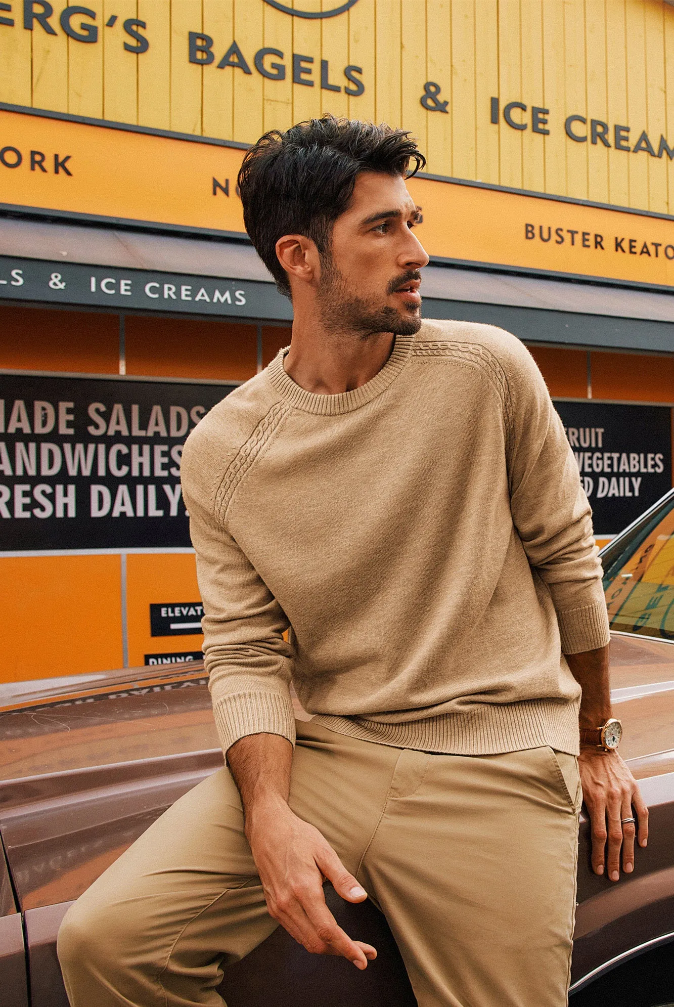 Men Stylish Sweater Long Raglan Sleeve Crew Neck Ribbed Cuff Pullover