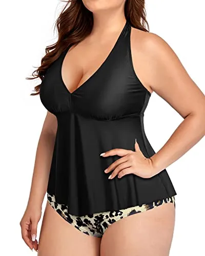 Push Up High Waisted Tummy Control Bathing Suits For Women Plus Size 2 Piece-Black And Leopard