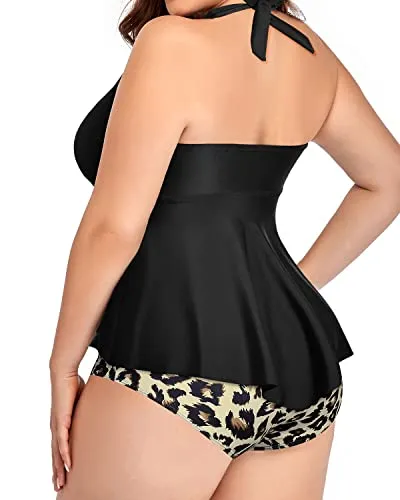 Push Up High Waisted Tummy Control Bathing Suits For Women Plus Size 2 Piece-Black And Leopard