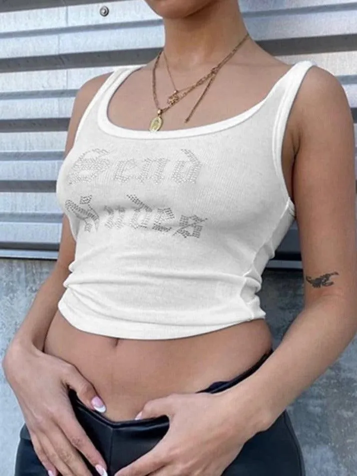 Rhinestone Embellish Ribbed Cropped Tank Top