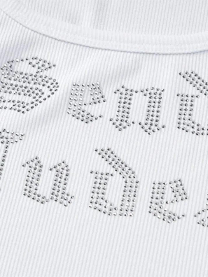 Rhinestone Embellish Ribbed Cropped Tank Top