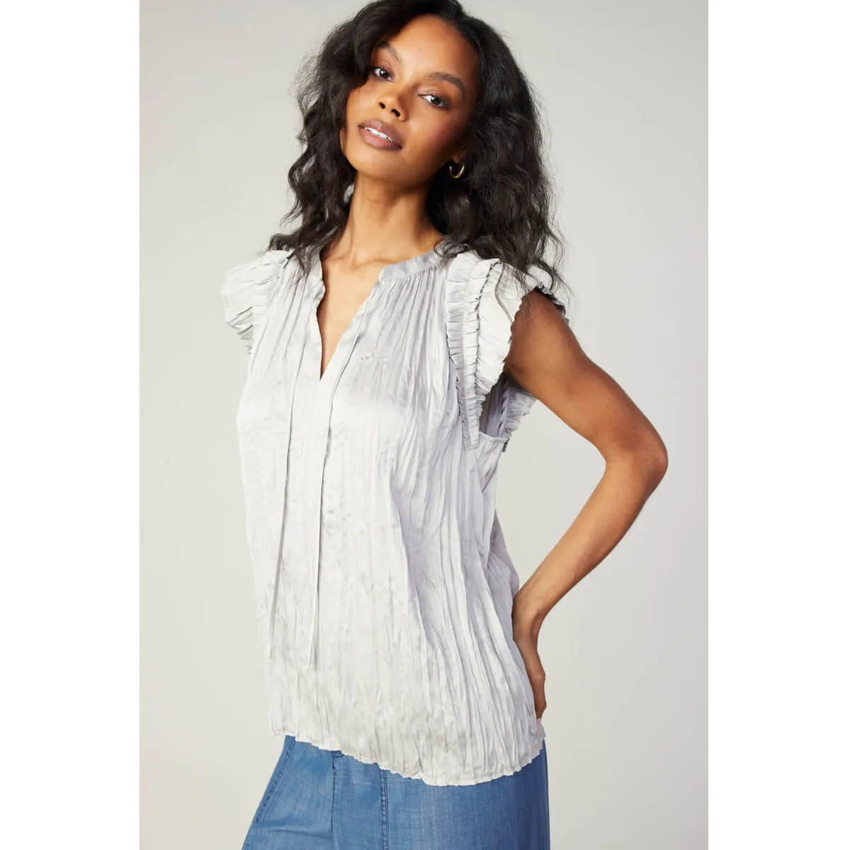 Ruffle Sleeve Crinkle Blouse