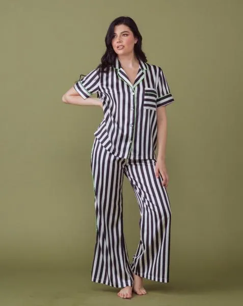 Satin Wide Leg PJ Set - Stripe -