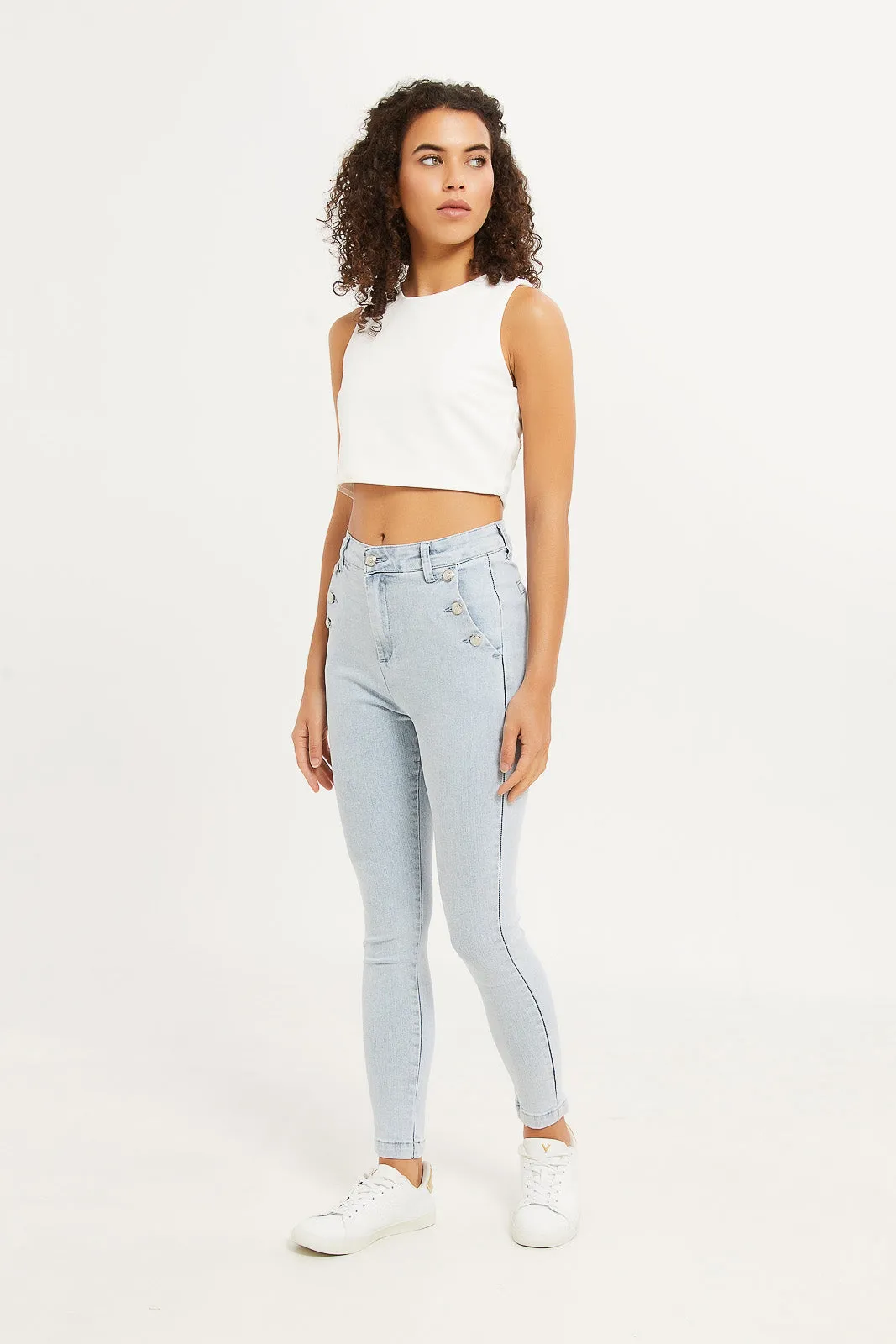Women Blue Skinny Jeans With Button Detailing